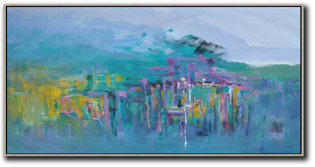 Extra Large Acrylic Painting On Canvas,Panoramic Abstract Landscape Painting,Large Oil Canvas Art,Purple Grey,Green,Purple,Yellow.etc